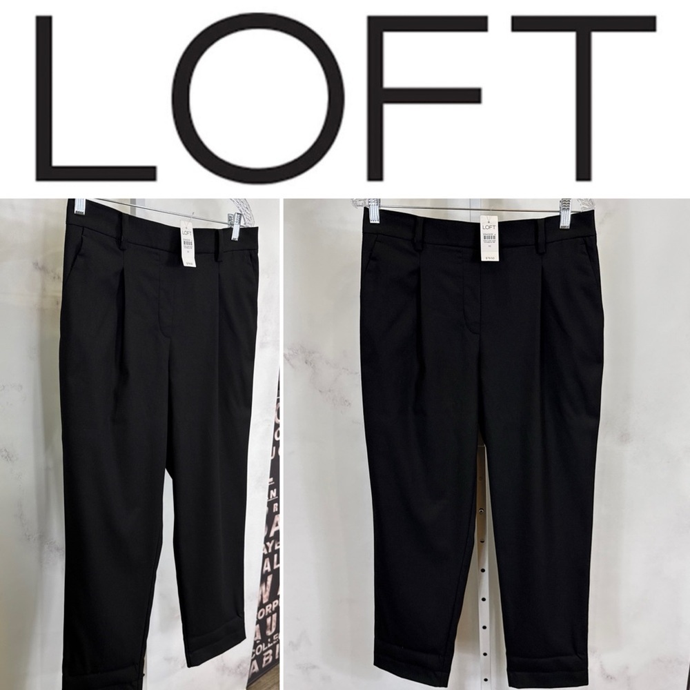 Loft Womens Black Pleated Slacks Elastic Stretch Waist Pull On Size M NEW $79.50